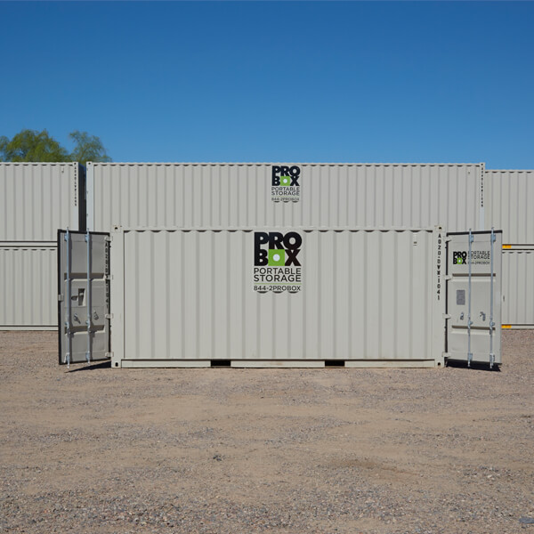 A 20-foot Double Doors Open on Container at Pro Box Portable Storage in AZ, CO, OK, and TX