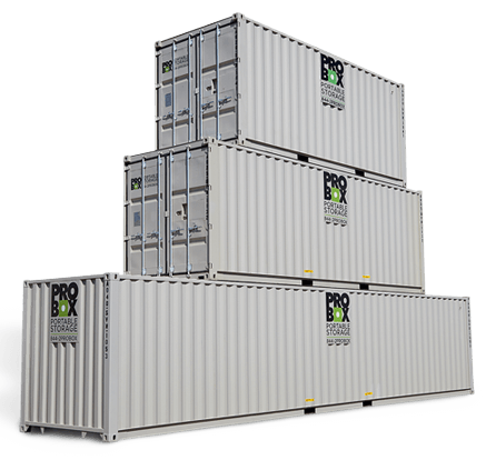 Three Pro box portable storage containers kept one above another in AZ, CO, OK, and TX.
